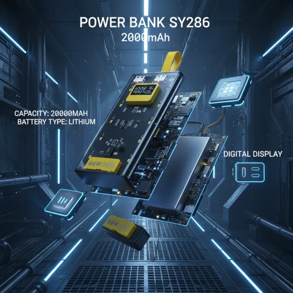 Power Bank SY286 20000mAh exploded view, showing internal circuit board, digital display, 66W PD, set in industrial tech background.