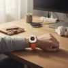 T900 Ultra 2 Smart Watch with orange silicon strap on wrist, displaying activity metrics at a desk.