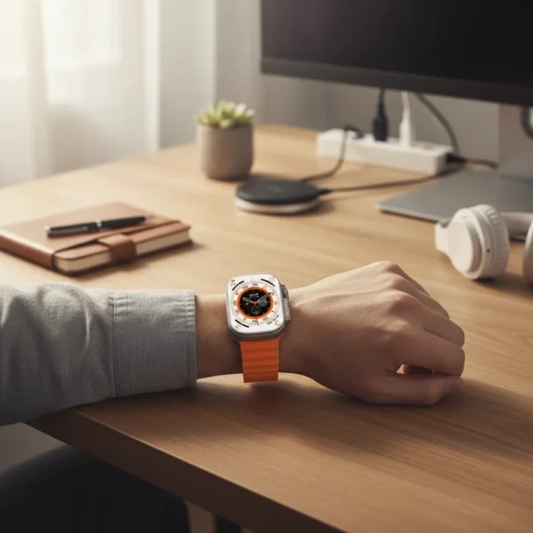 T900 Ultra 2 Smart Watch with orange silicon strap on wrist, displaying activity metrics at a desk.