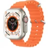 T900 Ultra 2 Smart Watch featuring silver body, vibrant orange wavy silicon strap. Screen shows time, compass, and 'ULTRA'.