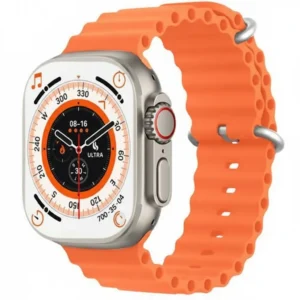 T900 Ultra 2 Smart Watch featuring silver body, vibrant orange wavy silicon strap. Screen shows time, compass, and 'ULTRA'.