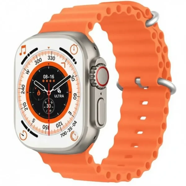 T900 Ultra 2 Smart Watch featuring silver body, vibrant orange wavy silicon strap. Screen shows time, compass, and 'ULTRA'.