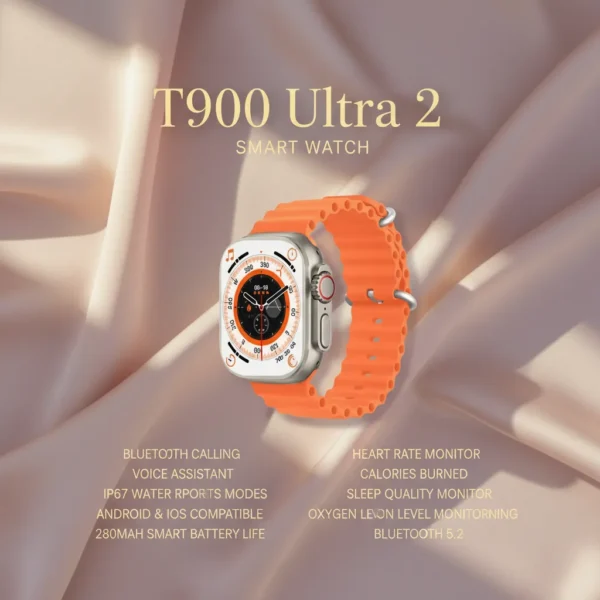 T900 Ultra 2 Smart Watch with silver case and bright orange band on a luxurious satin background.
