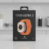 T900 Ultra 2 Smart Watch retail packaging box displaying a silver smartwatch with a vibrant orange band.