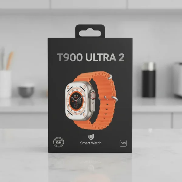 T900 Ultra 2 Smart Watch retail packaging box displaying a silver smartwatch with a vibrant orange band.