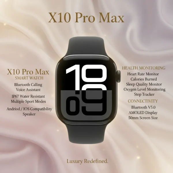 Black X10 Pro Max smartwatch displaying 10:09 on screen, set against a luxurious, minimalist gold and beige background.