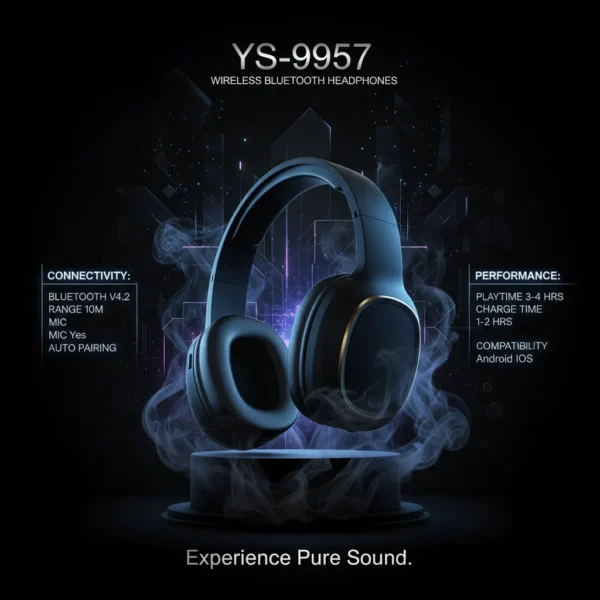 Elegant black YS-9957 wireless Bluetooth headphones with gold accents on a dark pedestal, futuristic background.