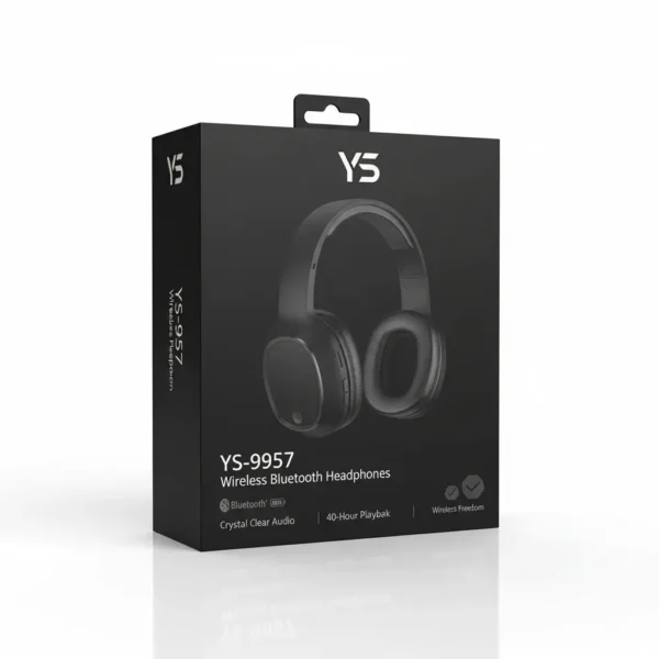 Black YS-9957 Wireless Bluetooth Headphones retail packaging, displaying the black over-ear headphones.