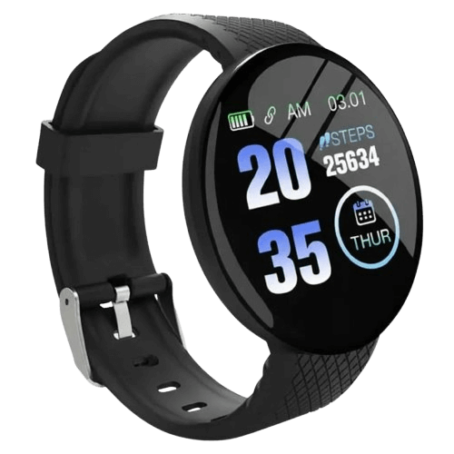 Black round fitness smartwatch with digital display showing time, step counter, and health tracking features on silicone band