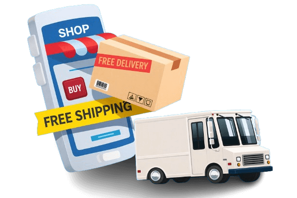 Online shopping concept with smartphone store app, free shipping and delivery labels, cardboard package, and white delivery truck for e-commerce service
